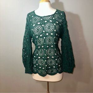 Roaman’s Long Sleeve Green Crochet Top Size 14/16